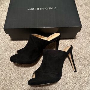 NIB black suede Saks mules, size 5